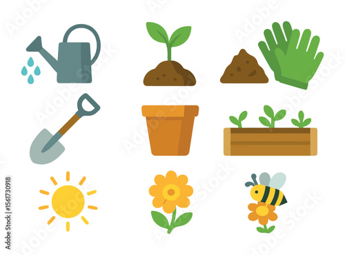 Gardening Icon Set. Flat icon set of gardening for wellbeing: watering can, sprouting seed, compost pile,