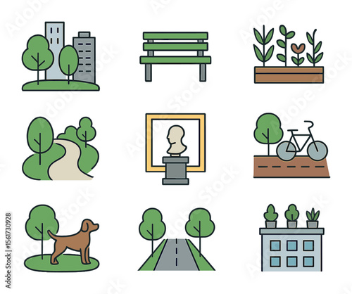 Urban Nature Icons. Flat icon set of urban nature interaction: city park, green bench, urban garden, rooftop