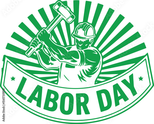 Muscular worker swinging sledgehammer with sunburst and labor day text hardhat