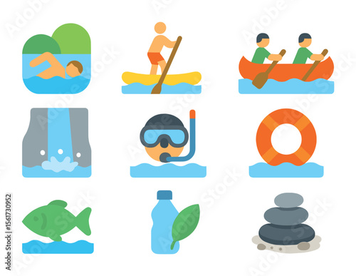 Water-Based Health Icons. Flat icon set of water-based health benefits: lake swimming, paddleboarding, canoe,