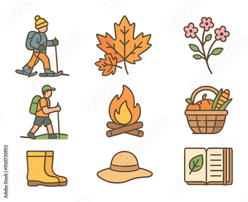 Seasonal Activity Icons. Flat icon set of seasonal outdoor activities: snowshoeing, autumn leaves, spring