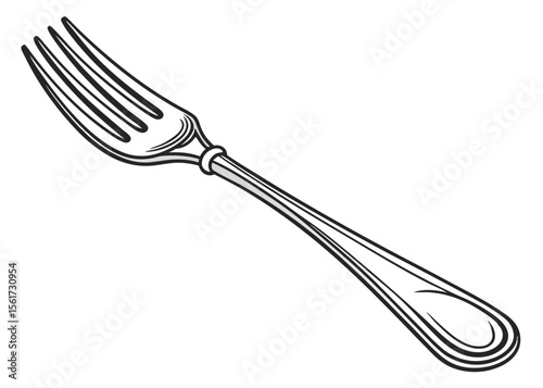 Elegant dining fork utensil kitchenware silverware cutlery equipment black and white vector illustration