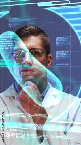Animation of graphs, blood cell, globe, virus, pensive caucasian researcher standing in laboratory