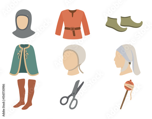 Medieval Fashion Icons. Flat icon set of medieval European fashion: chainmail hood, tunic with belt, pointed