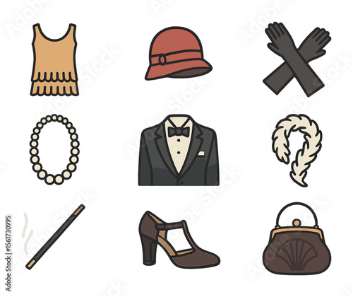 1920s Fashion Icons. Flat icon set of 1920s fashion: flapper dress, cloche hat, long gloves, pearl necklace,