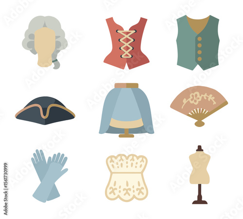 18th-Century Fashion Icons. Flat icon set of 18th-century fashion: powdered wig, corset, waistcoat, tricorn
