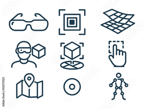 Augmented Reality Icons. Flat icon set of augmented and mixed reality tools: AR glasses, marker tag, surface