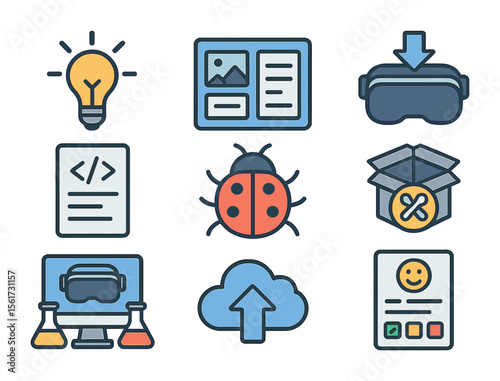 VR Development Icons. Flat icon set of VR development workflow: idea bulb, storyboard, asset import, script