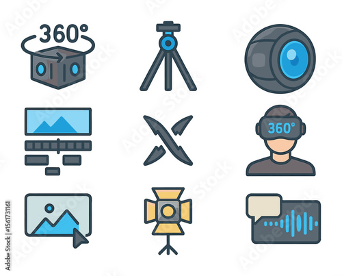 360° Video Production Icons. Flat icon set of 360° video production: camera rig, tripod, lens, edit timeline,