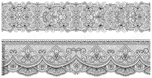 Intricate lace border set with floral and paisley motifs, scalloped edge details, ornamental embroidery sketch for textile and tattoo design