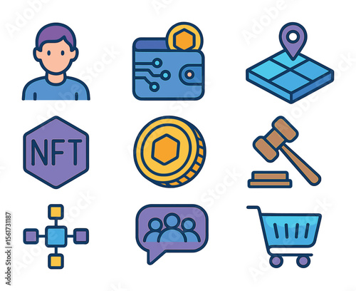 Metaverse Icon Set. Flat icon set of metaverse development: digital avatar, crypto wallet, virtual plot, NFT