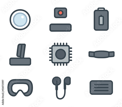 VR Hardware Icons. Flat icon set of VR hardware components: optical lens, infrared sensor, battery pack,