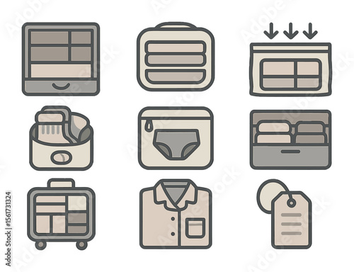 Travel Packing Icons. Flat icon set of travel packing organizers: travel drawer, packing cube, compression bag