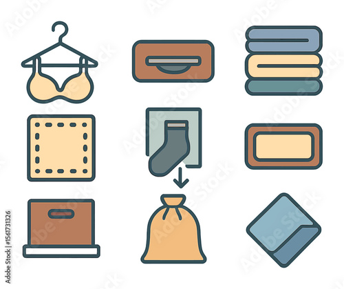 Closet Organization Icons. Flat icon set of closet-to-drawer flow: hanger with bra, drawer pull icon, folded