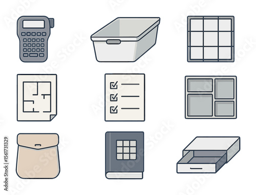 Home Organization Icons. Flat icon set of home organization tools: label maker, storage bin, grid drawer,