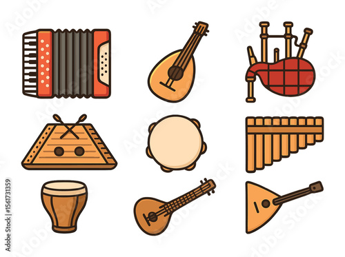 Traditional Instruments Icons. Flat icon set of traditional music instruments: accordion, lute, dulcimer,