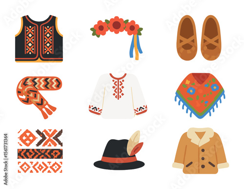 Traditional Costume Icons. Flat icon set of folk costume details: embroidered vest, floral headband, leather
