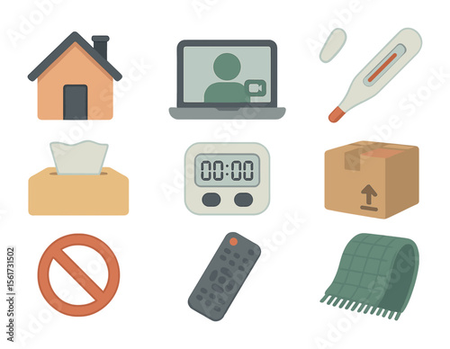 Quarantine Essentials Icons. Flat icon set of quarantine essentials: home icon, video call, thermometer,