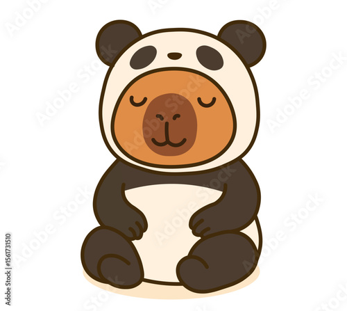 Charming capybara in a cozy panda costume, showcasing a sweet, playful character in kawaii style. Perfect for adding a fun and lovable touch to your projects with this cute, peaceful animal design.