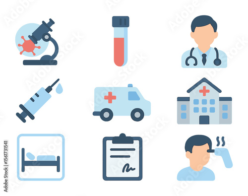 Medical Response Icons. Flat icon set of medical response to infection: virus under microscope, blood sample