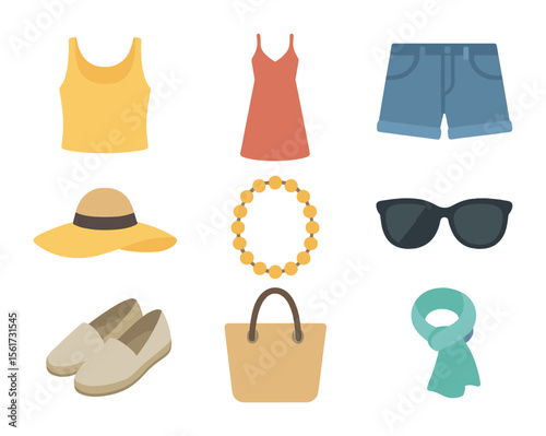 Warm Weather Fashion Icons. Flat icon set of warm weather fashion: tank top, maxi dress, denim shorts, sun hat