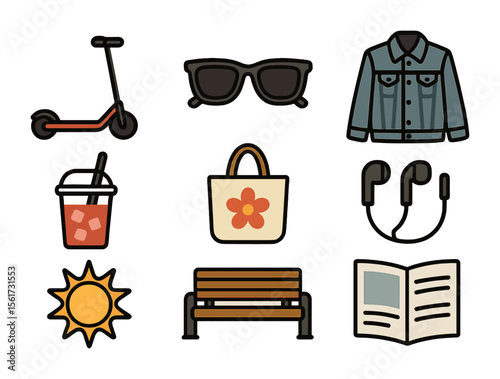 Urban Summer Icons. Flat icon set of urban summer lifestyle: scooter, sunglasses, denim jacket, iced drink,