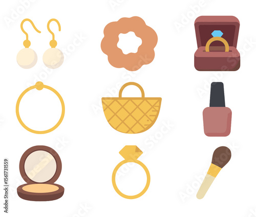 Boutique Accessories Icons. Flat icon set of boutique accessories: pearl earrings, silk scrunchie, ring box,
