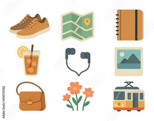 Solo City Adventure Icons. Flat icon set of solo city adventures: walking shoes, street map, notebook, iced