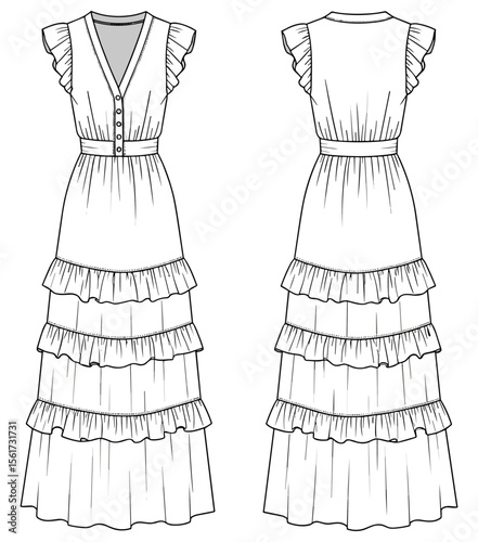 Tiered ruffle dress fashion sketch with V-neck front, button placket, puff sleeves, fitted waist, and elegant back neckline design
