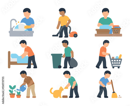 Household Task Icons. Flat icon set of household task sharing: washing dishes, vacuuming, folding laundry,