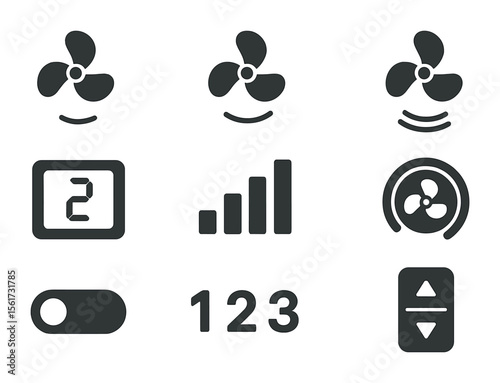 Fan Speed Icons. Flat icon set of fan speed settings: low speed, medium speed, high speed, digital display,