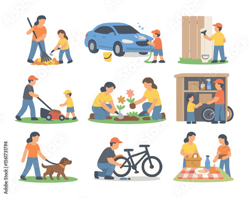 Family Outdoor Icon Set. Flat icon set of outdoor family projects: raking leaves, washing car, painting fence,