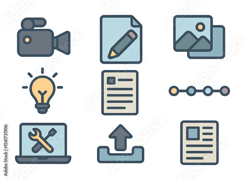 Content Strategy Icons. Flat icon set of content creation strategy: video camera, edit icon, image gallery,