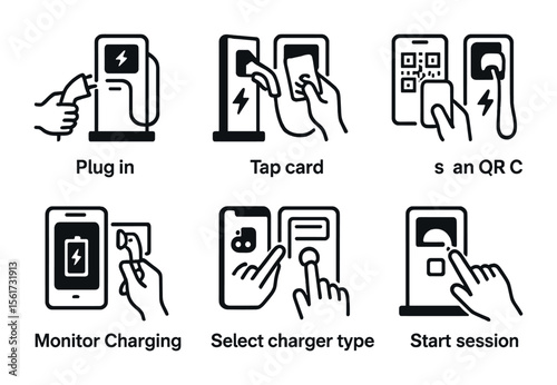 EV Station Icon Set. Flat icon set of EV station user actions: plug in, unplug, tap card, scan QR code,