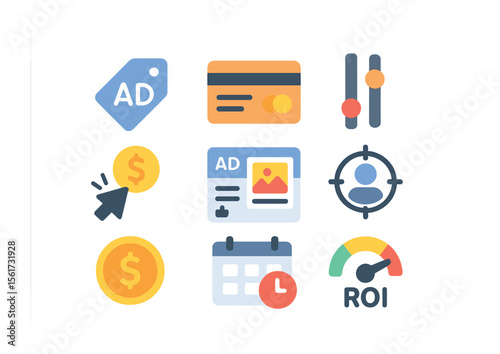 Social Media Ad Icons. Flat icon set of paid social media advertising: ad tag, credit card, campaign slider,