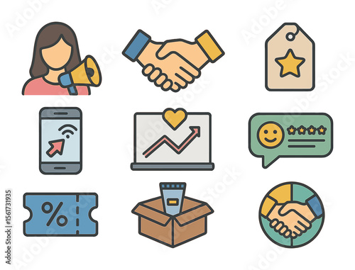 Influencer Marketing Icons. Flat icon set of influencer marketing tools: influencer avatar, handshake deal,