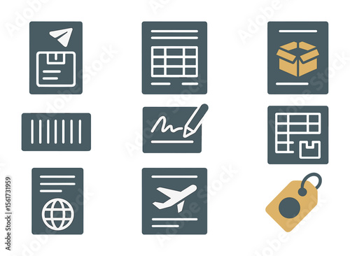 Shipping Document Icons. Flat icon set of international shipping documents: shipping label, invoice form,