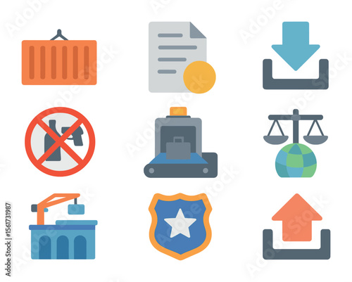 Trade Compliance Icons. Flat icon set of import/export control: cargo container, permit document, import icon,