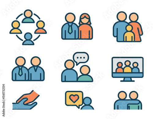 Support Network Icons. Flat icon set of support network: friend circle, couple icon, family group, coworker