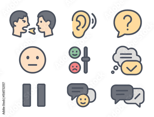 Jealousy Icon Set. Flat icon set of communication in jealousy scenarios: talking heads, listening ear,