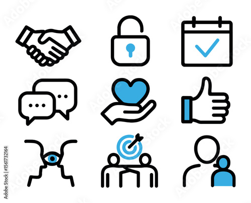 Trust Techniques Icons. Flat icon set of trust-building techniques: handshake, open lock, calendar with