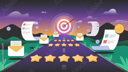 Road of Star Ratings and Emails Leading to Bullseye in Scenic Night Setting