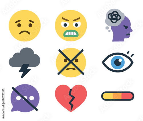 Jealousy Warning Icons. Flat icon set of jealousy warning signs: frowning face, jealousy emoji, overthinking