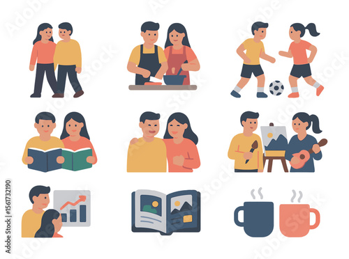 Healthy Couple Icons. Flat icon set of healthy couple activities: shared walk, cooking together, team sport,