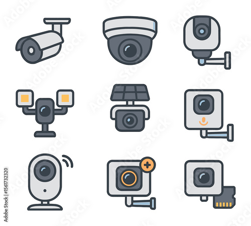 Surveillance Camera Icons. Flat icon set of surveillance camera types: bullet camera, dome camera, PTZ camera,
