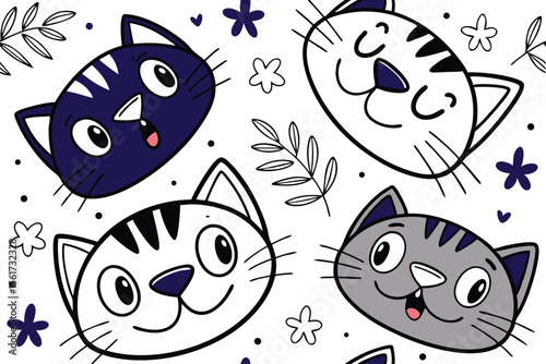 Charming seamless pattern featuring adorable cat faces in a repeating playful design