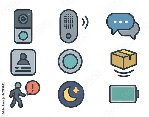 Smart Doorbell Icons. Flat icon set of smart doorbell systems: camera doorbell, chime speaker, two-way audio