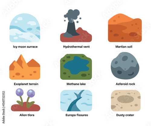 Planetary Environments Icons. Flat icon set of planetary environments for life: icy moon surface, hydrothermal