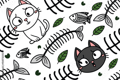 Whimsical seamless pattern of playful cat silhouettes with fish bone motifs