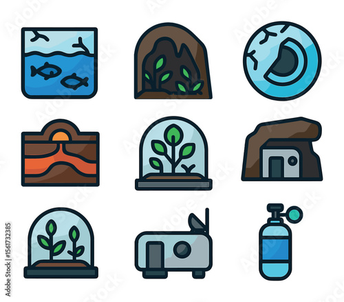 Extraterrestrial Habitat Icons. Flat icon set of extraterrestrial habitats: subsurface ocean, cave ecosystem,